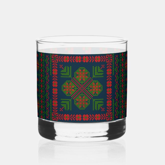Palestinian Embroidery Tatreez red green 5 Pattern Whiskey Glass (Front)