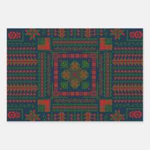 Palestinian Embroidery Tatreez red green 5 Pattern Wrapping Paper Sheet