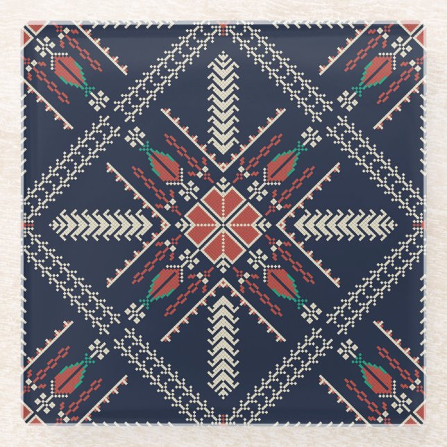 Palestinian Embroidery: Traditional Pattern Design Glass Coaster (Front)