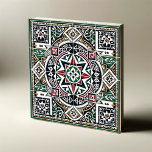 Palestinian Inspired Symmetrical Tile<br><div class="desc">Discover the essence of Palestinian craftsmanship with 'Heritage Harmony', a square ceramic tile that marries traditional artistry with modern symmetry. This tile is a testament to heritage, featuring a harmonious blend of the iconic Palestinian flag colors - black, white, green, and red - interwoven into intricate lattice work and embroidery...</div>