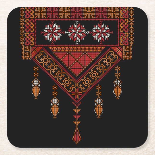 Palestinian Tatreez  Embroidery | palestine Art Square Paper Coaster (Front)