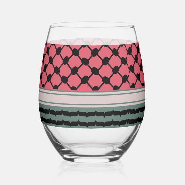Palestinian watermelon Hatta Keffiyeh Kufiya Folk Stemless Wine Glass (Front)