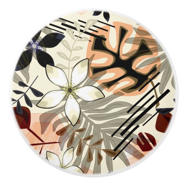 Palm and monstera leaves, tropical ceramic knob (Front)