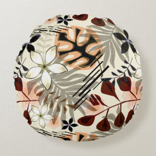 Palm and monstera leaves, tropical round cushion