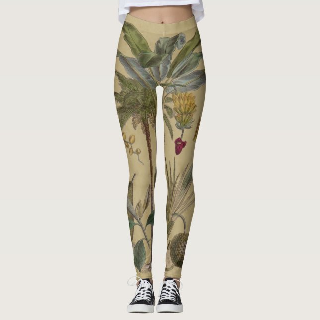 Palm Antique Tropical Fruit Botanical Art Leggings (Front)