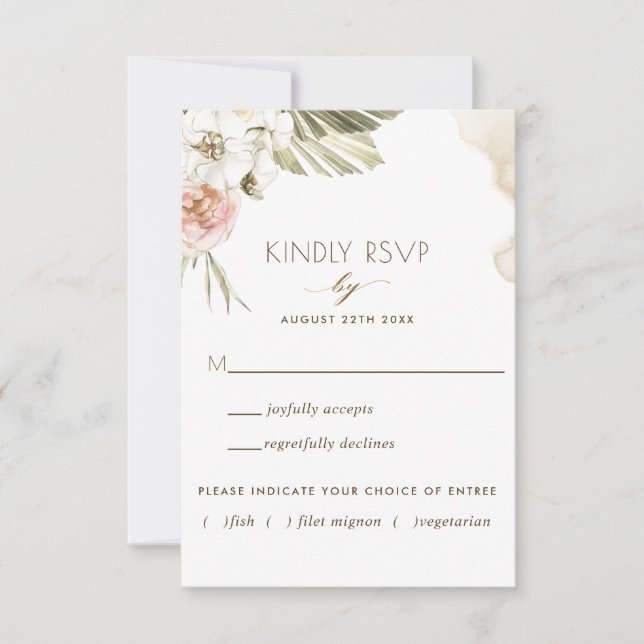 Palm, Banana Leaves Floral  w/without Meal Options RSVP Card (Front)
