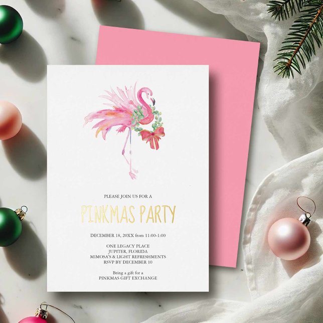 Palm Beach Christmas Holiday Party Invitation (Florida Christmas holiday party invitation features Pinkmas Party in foil press printing & flamingo)
