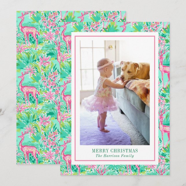 Palm Beach Christmas Pink & Green Reindeer Photo Holiday Card (Front/Back)