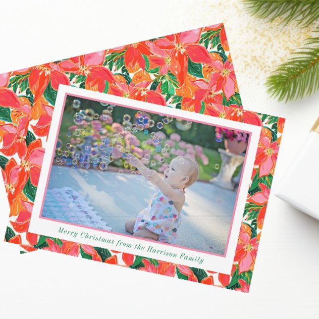 Palm Beach Christmas Pink Orange Poinsettias Photo Holiday Card (Creator Uploaded)