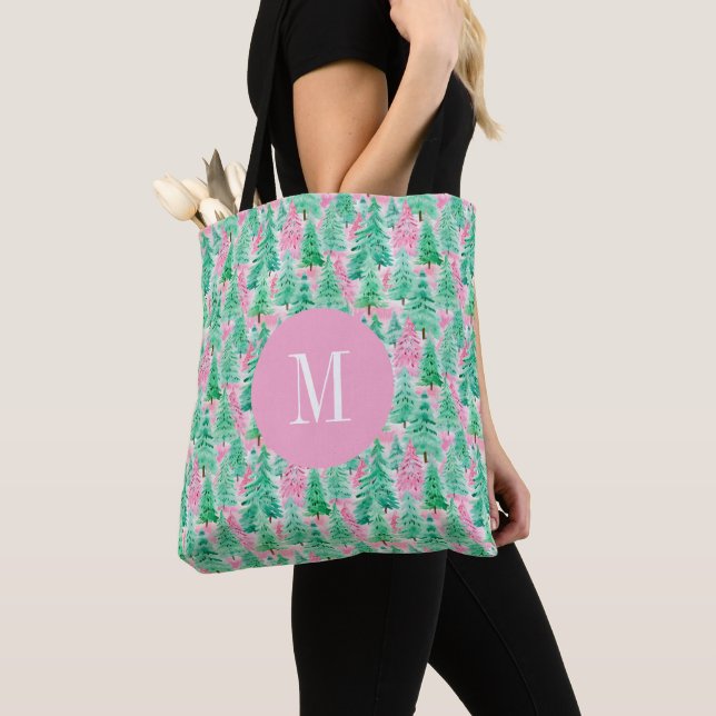Palm Beach Christmas Trees Monogrammed Tote Bag (Close Up)