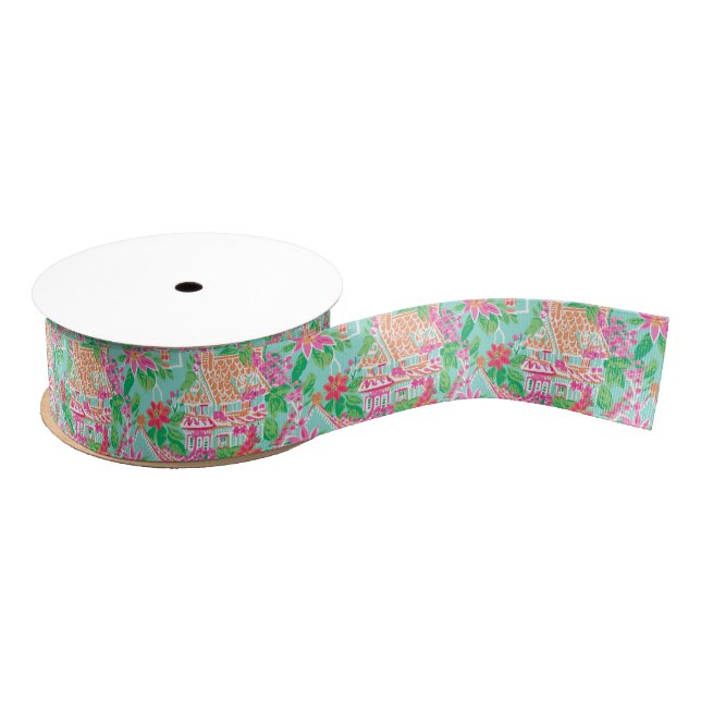 Palm Beach Christmas Watercolor Gingerbread Houses Grosgrain Ribbon (Spool)
