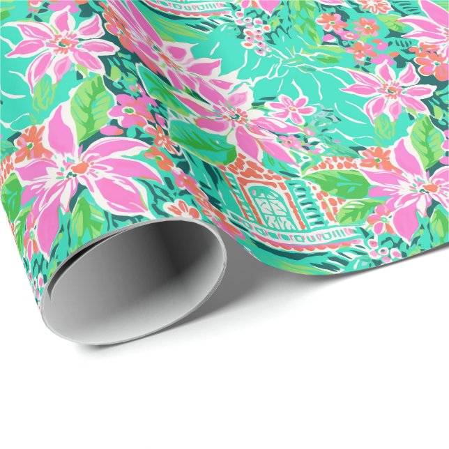 Palm Beach Christmas Watercolor Gingerbread Houses Wrapping Paper (Roll Corner)