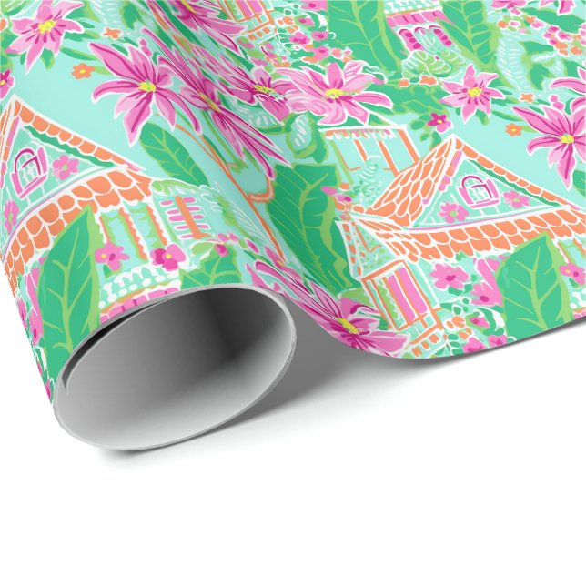 Palm Beach Christmas Watercolor Gingerbread Houses Wrapping Paper (Roll Corner)