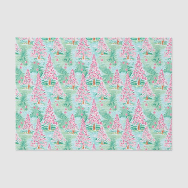 Palm Beach Christmas Watercolor Pink & Green Trees Tissue Paper (Front)