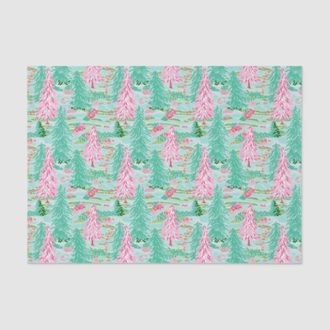 Palm Beach Christmas Watercolor Pink & Green Trees Tissue Paper (Front)