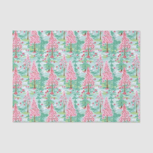Palm Beach Christmas Watercolor Pink & Green Trees Tissue Paper (Front)