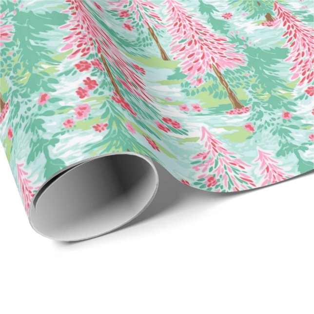 Palm Beach Christmas Watercolor Pink & Green Trees Wrapping Paper (Roll Corner)