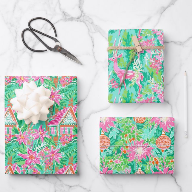 Palm Beach Christmas Watercolor Pink & Green Wrapping Paper Sheet (Front)