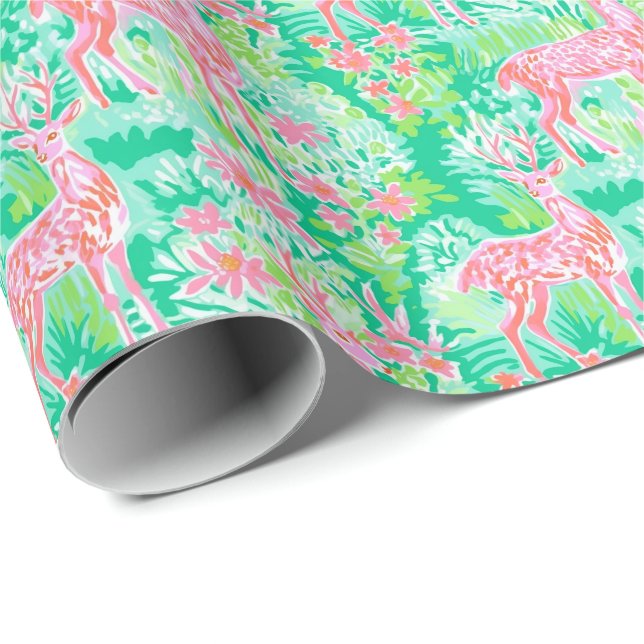 Palm Beach Christmas Watercolor Pink Reindeer Wrapping Paper (Roll Corner)