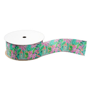 Palm Beach Christmas Watercolor Tropical House Grosgrain Ribbon