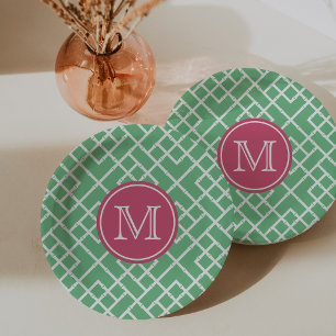 Palm Beach Green & Pink Geometric Bamboo Monogram Paper Plate