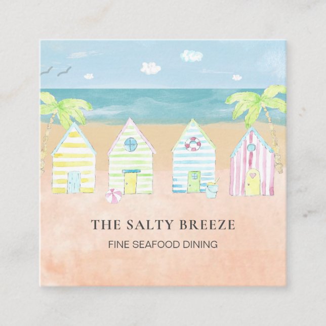 *~* Palm Beach Hut Sea Sand Bucket Dining Tropical Square Business Card (Front)