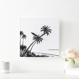 Palm Beach Ocean Modern Black and White Square Wall Clock