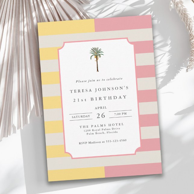 Palm Beach Pastel Stripe Tropical 21st Birthday Invitation (Creator Uploaded)