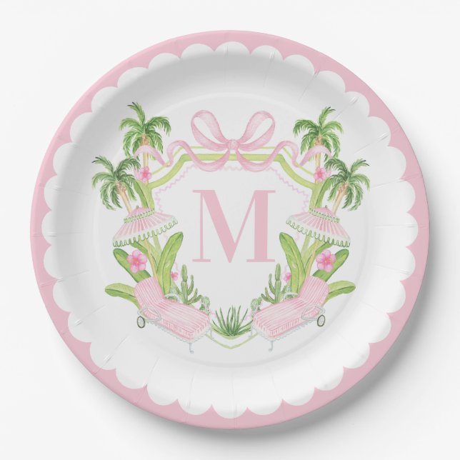 Palm Beach Pink Loungers Monogram Crest Paper Plate (Front)