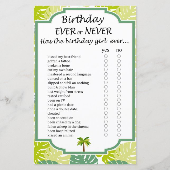 Palm Birthday ever or never game (Front)