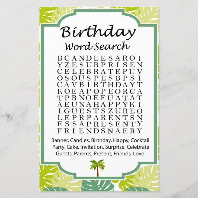 Palm Birthday word search game (Front)