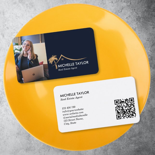 Palm Coastal Property Real Estate Realtor Photo QR Business Card (GOLD PALM AND HOUSE ROOF REALTOR LOGO ON A NAVY BACKGROUND)