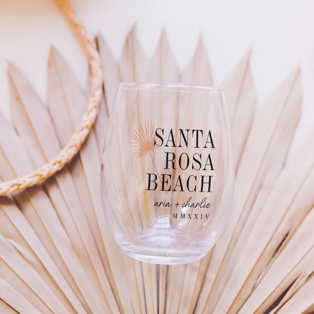 Palm Frond Destination Wedding Favour Stemless Wine Glass (Creator Uploaded)