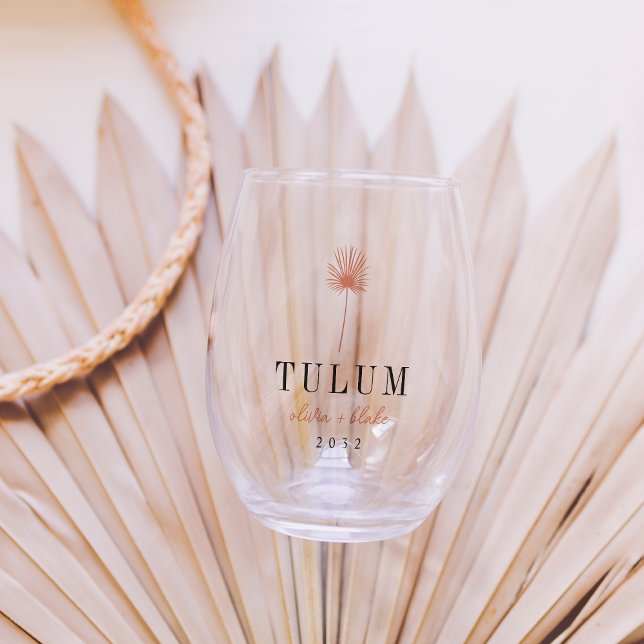 Palm Frond Destination Wedding Favour Stemless Wine Glass (Creator Uploaded)