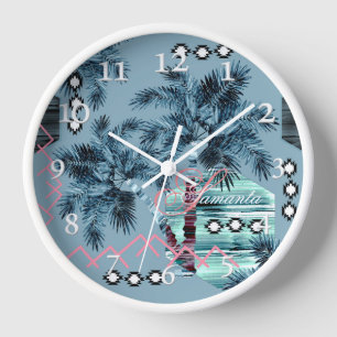 Palm Hawaiian blue black monogram personalised Clock