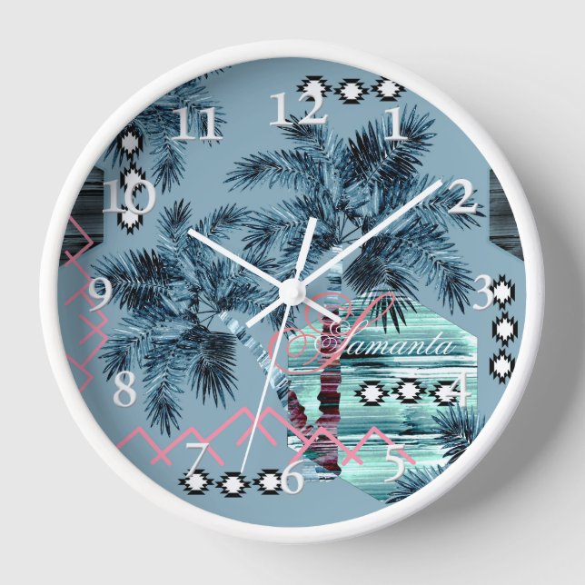 Palm Hawaiian blue black monogram personalised Clock (Front)