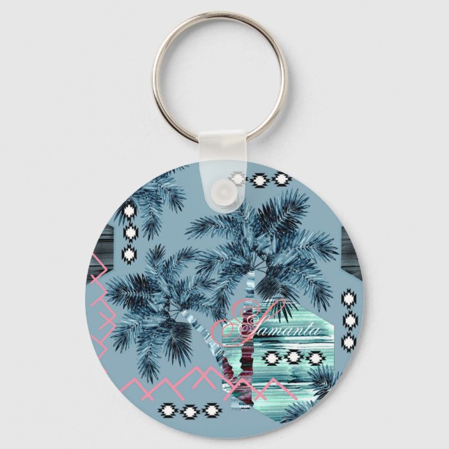 Palm Hawaiian blue black monogram personalised Key Ring (Front)