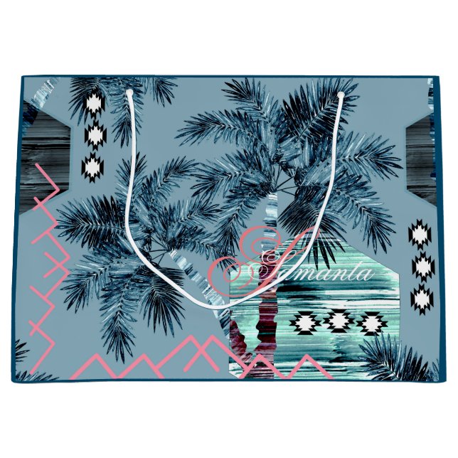 Palm Hawaiian blue black monogram personalised Large Gift Bag (Front)