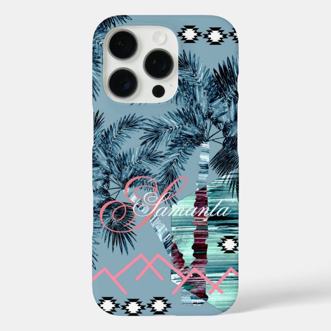 Palm Hawaiian blue black monogram personalized Case-Mate iPhone Case (Back)