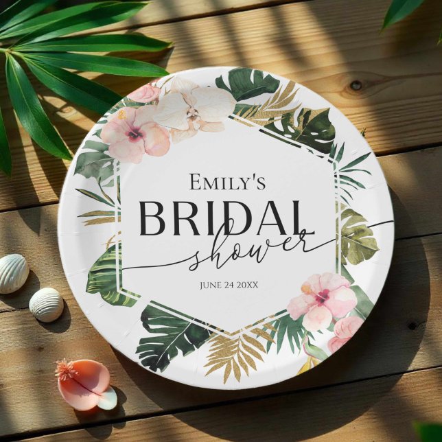 Palm Hibiscus Tropical Floral Bridal Shower Paper Plate (Creator Uploaded)