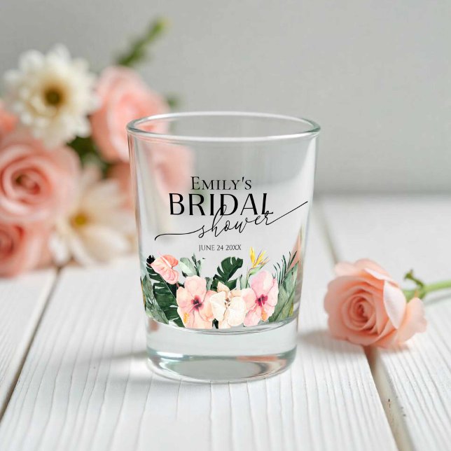 Palm Hibiscus Tropical Floral Bridal Shower Shot Glass (Creator Uploaded)