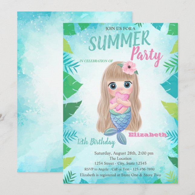 Palm Leaf,Baby Mermaid Birthday Party Invitation (Front/Back)