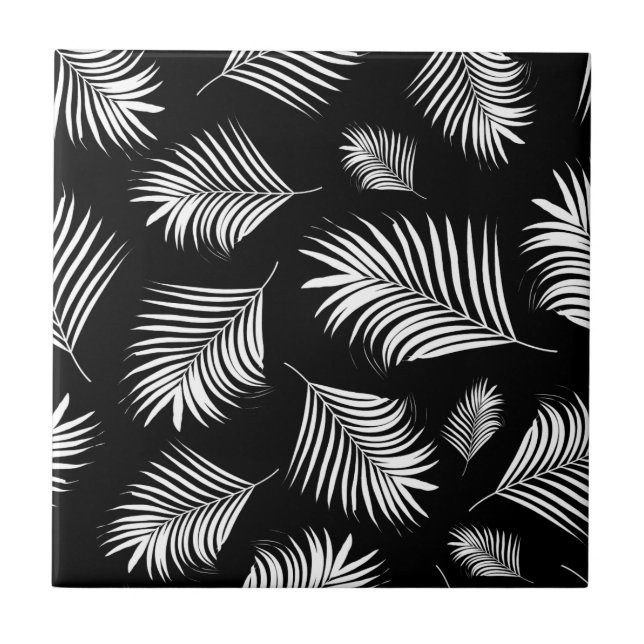 Palm Leaf Black White Tropical Pattern Tile (Front)