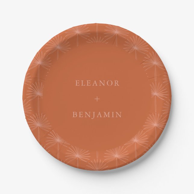 Palm Leaf Botanical Burnt Orange Custom Wedding Paper Plate (Front)
