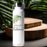 Palm Leaf Calligraphy Bridesmaid Water Bottle<br><div class="desc">Bridal party gift to personalise for your bridesmaid - or anyone in your wedding party. Bridesmaid is lettered in swirly handwritten calligraphy and, you can easily switch this to a different role, by entering the design tool. The design features a watercolor tropical palm leaf which is also used in the...</div>