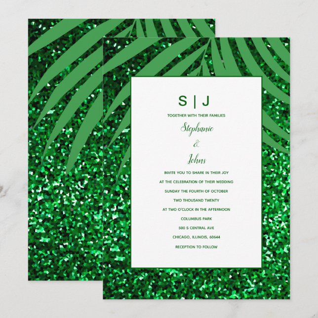 Palm Leaf Emerald Green Glitter Tropical Wedding Invitation (Front/Back)