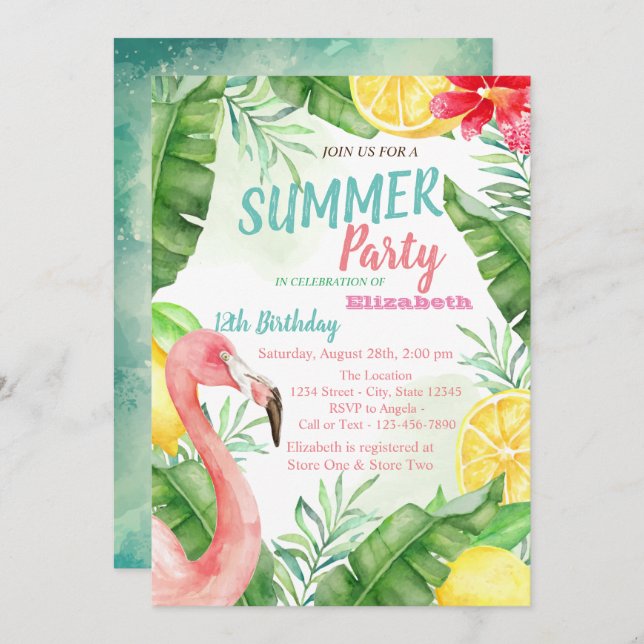 Palm Leaf,Flamingo Pool Birthday Party  Invitation (Front/Back)