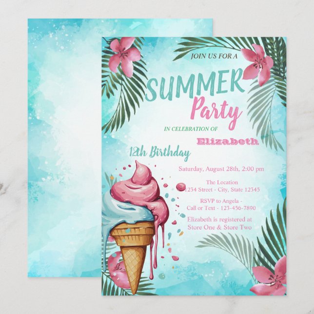 Palm Leaf, Flowers,Dripping Ice cream Birthday Invitation (Front/Back)