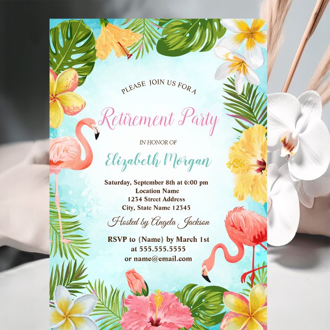 Palm Leaf Flowers Flamingos Retirement Party  Invitation (Creator Uploaded)