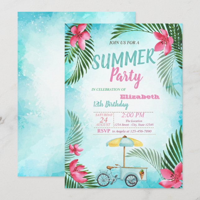 Palm Leaf,Flowers,Ice cream Bike Birthday Party  Invitation (Front/Back)